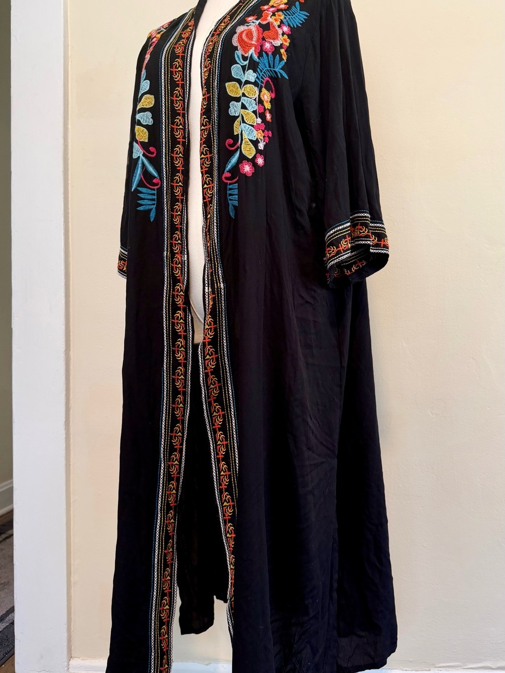 Black Embroidered Swim Coverup Kimono